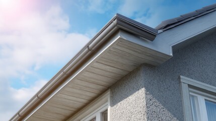 Modern gray rain gutter system installed on a residential house with a clear blue sky backdrop