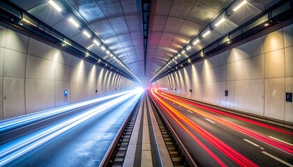 Light Trails Inside a Long Tunnel with Modern Design and Illumination