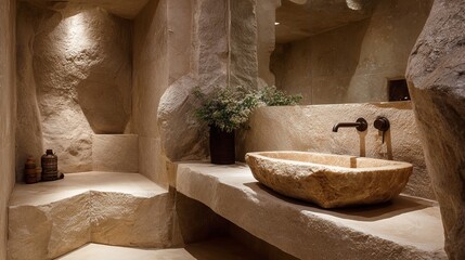 Contemporary bathroom interior with a cave-inspired design in soft beige tones, featuring a natural stone-like sink as the centerpiece.