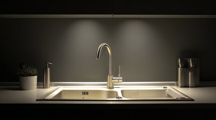 Modern faucet and sink with glowing backlight in stylish kitchen interior.