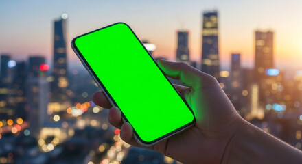 Modern smartphone with green screen held up against a stunning cityscape at dusk, perfect for app mockups and digital displays