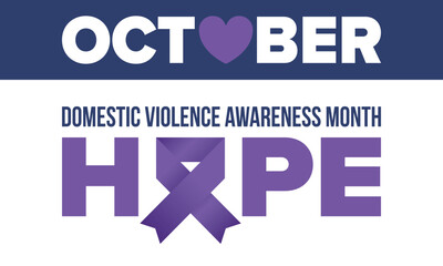 Domestic Violence Awareness Month in October. Celebrate annual in United States. Awareness purple ribbon. Day of Unity. Prevention campaign. Stop women abuse. Poster, banner and background. Vector