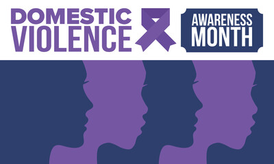 Domestic Violence Awareness Month in October. Celebrate annual in United States. Awareness purple ribbon. Day of Unity. Prevention campaign. Stop women abuse. Poster, banner and background. Vector