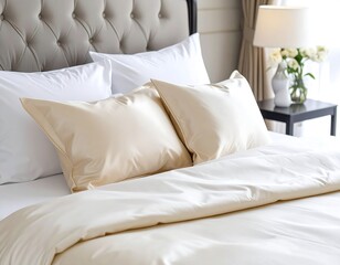 Luxurious bedroom with beige bedding