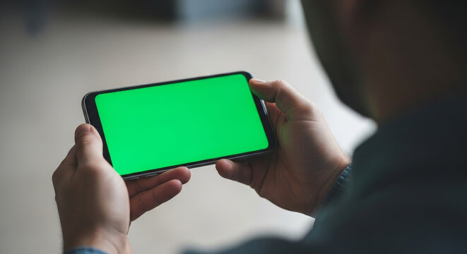 Man holding a modern smartphone with a vivid green screen, perfect for showcasing your dynamic digital content and engaging applications
