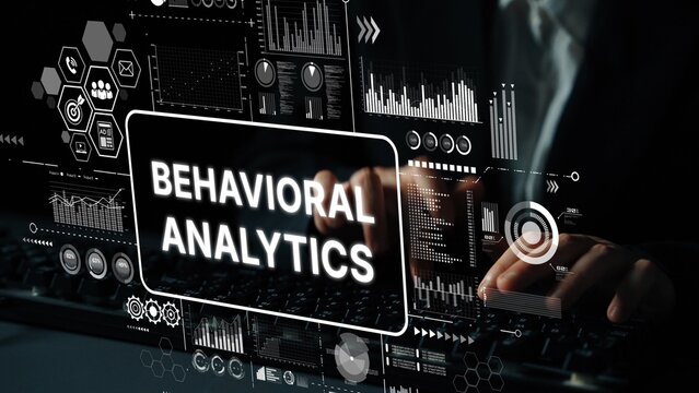 Hands Typing on Keyboard with Behavioral Analytics Dashboard in Background Featuring Data Visualizations and Graphs. Asymptotic smart data analytic.
