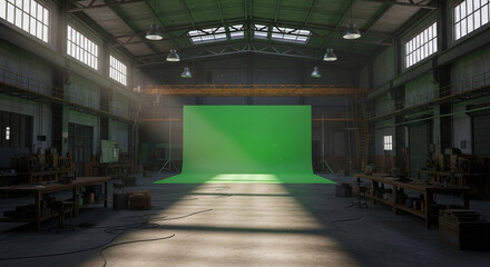 Obraz premium Dynamic industrial workshop with a large green screen stage, perfect for virtual production, film shooting, or immersive content creation.