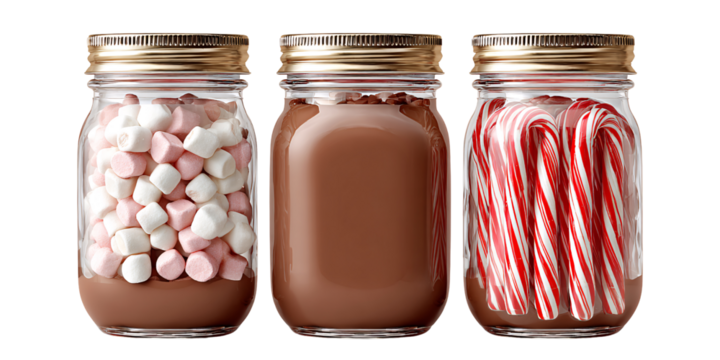 Festive Christmas treat jars filled with hot chocolate, marshmallows, and candy canes for holiday season, offering a sweet and delicious winter indulgence