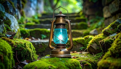 Lit Lantern on Stone Steps in a Mossy Environment