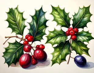 Detailed illustration of holly leaves and berries, showcasing vibrant colors and intricate details.
