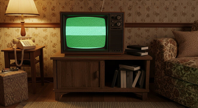 Immerse yourself in a cozy retro living room, where a vintage CRT television displays captivating green static, evoking classic nostalgia and warmth.