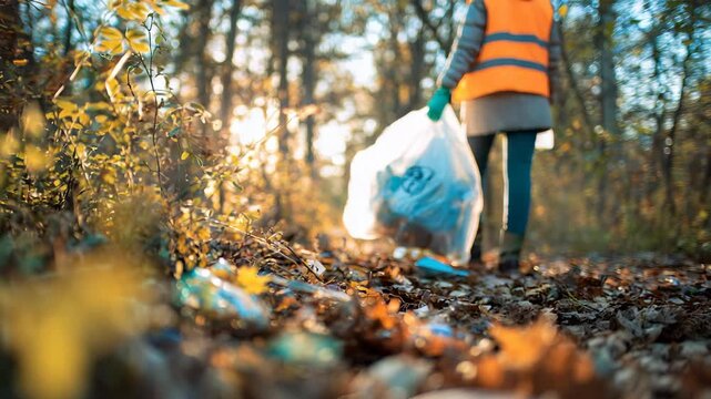 A person participates in a forest cleanup, gathering litter and plastic debris into a large bag. The image emphasizes eco friendly initiatives and the importance of protecting natural habitats