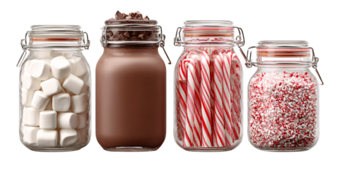 Four glass jars filled with marshmallows, hot chocolate mix, candy canes, and peppermint sprinkles for a festive holiday treat and a sweet Christmas concept