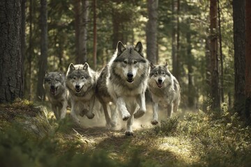 Obraz premium Running spirit animals move in a united wolf pack through the dense woods during the golden hours of early morning