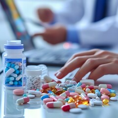 Assorted pills and capsules with doctor in the back