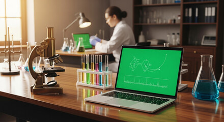 Diligent scientist works on a modern laptop with a green screen in a professional research laboratory featuring microscopes and colorful chemical samples