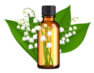 A bottle of light-amber essential oil, surrounded by delicate lily-of-the-valley blossoms and lush green leaves, exudes a sense of natural serenity.