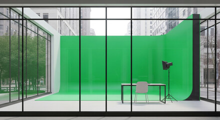 Obraz premium Create stunning virtual content in this modern green screen studio featuring a sleek desk and city skyline views, ideal for professional video production.