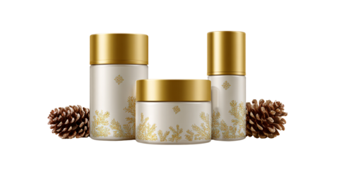 Elegant skincare product packaging with gold accents and pine cone decoration Luxury cosmetic containers for beauty and wellness, winter holiday season