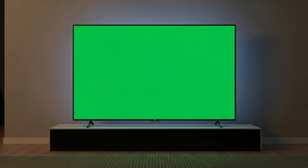 Modern smart TV with a vibrant green screen for easy content replacement in a cozy living room setting