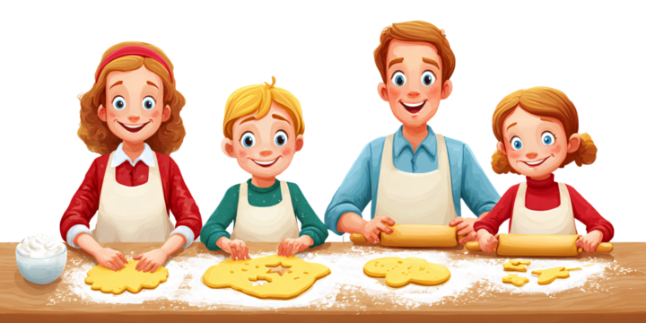 Happy Caucasian family baking cookies together in the kitchen Mother, father, son, and daughter enjoying baking homemade cookies Concept of family time, childhood, and togetherness