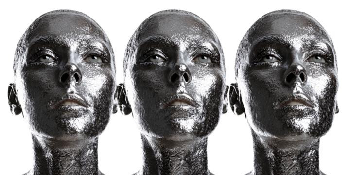 Three White Women with Silver Metallic Body Paint, Futuristic Concept of Beauty and Transformation