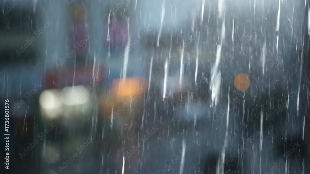 Wall mural a shallow depth of field close-up of heavy rain obscuring an abstract, urban background, emphasizing