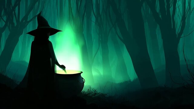 Faceless witch in a wide-brimmed hat stirring a glowing green cauldron in a haunted forest at night. faceless witch art, creepy faceless sorceress, faceless Halloween witch, facele