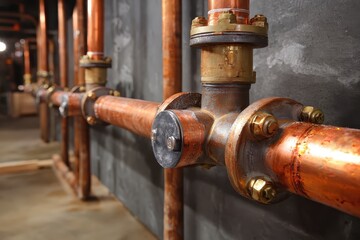 Close up view of copper pipes, fittings, and valves showcasing construction details in a commercial setting