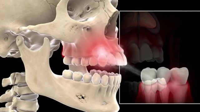 Dental Animation Showcasing Sinus Lift Procedure Human Skull Anatomy and Jawbone Gums Teeth Health and Pain Relief for