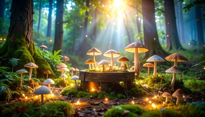 Magical Forest Scene with Glowing Mushrooms and Light Rays