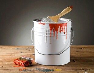 A white paint can overflows with dripping crimson paint, while a used paintbrush lies beside it on a rustic wooden table.