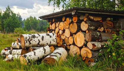 A large stack of firewood, neatly arranged under a rustic wooden shed, sits amidst a grassy field, bathed in natural light.