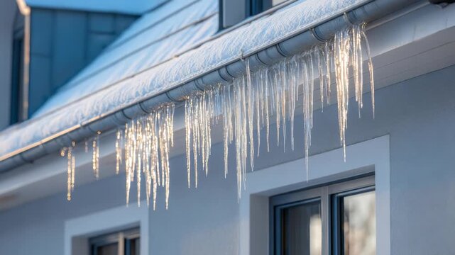 Icicles form along the edge of a contemporary house roof, sparkling in the sunlight during a cold winter day. Snow blankets the rooftop, creating a picturesque seasonal scene with clear blue sky