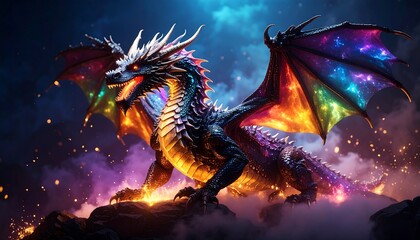 Majestic Fantasy Dragon Illustration with Colorful Wings and Fiery Details