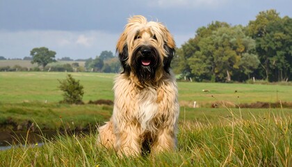 A fluffy, light brown and black dog sits proudly in a grassy field, a tranquil outdoor scene.