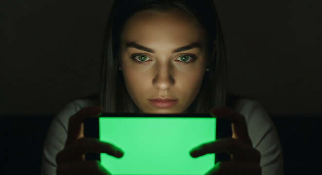 Young woman with stunning green eyes intensely focuses on a glowing green screen smartphone, ideal for dynamic digital content and immersive app experiences.