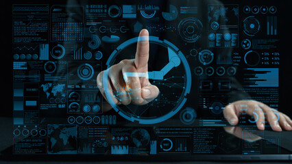 Explore a futuristic digital interface showcasing data visualization and human interaction, perfect for representing innovative applications in various industries. Cipher