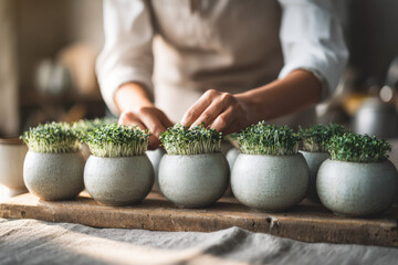 Hands arranging fresh green microgreens in ceramic pots on wooden table, natural light, healthy lifestyle, home gardening, organic food, peaceful atmosphere, indoor plant care