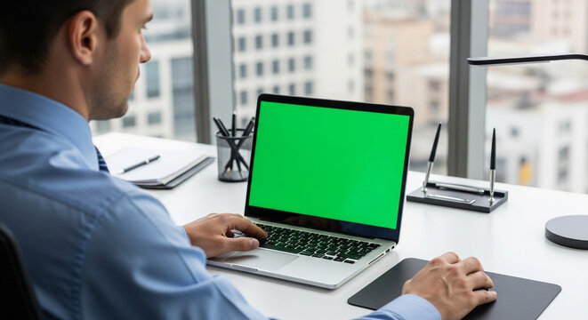 Focused professional works on a green screen laptop for dynamic content display in a bright, modern office with city views