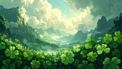 Lush green valley, cloaked in mist, surrounded by majestic mountains, bathed in soft sunlight.