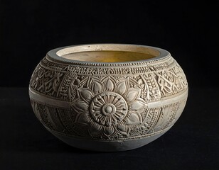 Ornate, carved decorative bowl with intricate floral and symbolic patterns, presented against a dark background.
