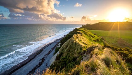 A breathtaking coastal vista at sunset, showcasing a dramatic cliffside overlooking a pebble beach and a serene ocean.