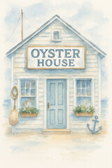 Watercolor illustration of charming coastal Oyster House with nautical details