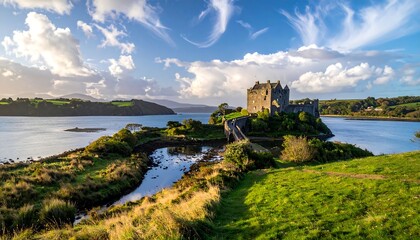A picturesque landscape showcasing a medieval castle on an island, bathed in golden sunlight, reflecting on a tranquil body of water.