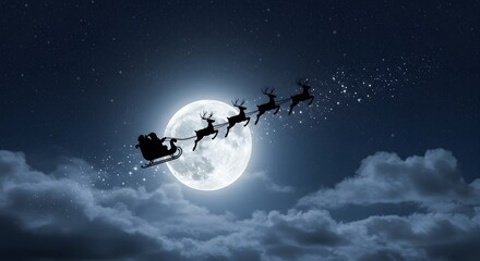 Santa Claus flying in front of the moon