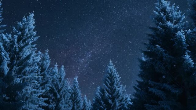 Enchanting winter forest scene with snow laden pine trees under sparkling starry night sky, evoking sense calm, wonder, tranquility in heart nature during cold, peaceful winter evening