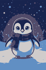  Cute Cartoon Penguin in Scarf Against Night Sky Adobe Illustrator Artwork