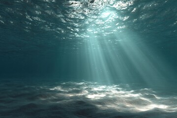 Realistic underwater view showcasing sunlight rays penetrating the ocean's surface and illuminating the sandy bottom in a tranquil marine environment