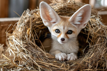 Adorable fennec fox resting in straw nest with big ears and curious eyes